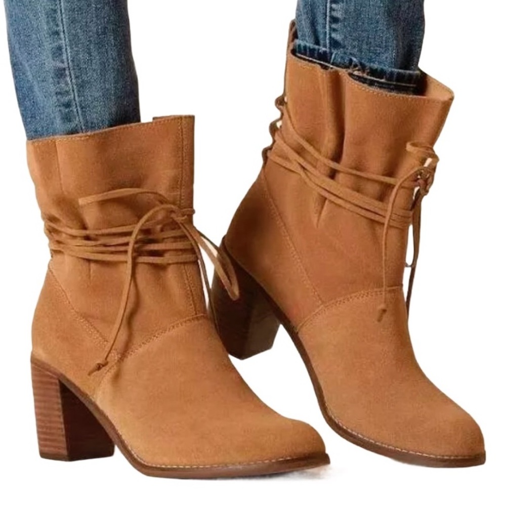 Toms Mila Toffee Wrap Laces Suede stacked Block 3” Heel Boots 10 Pristine $98 - Picture 2 of 14